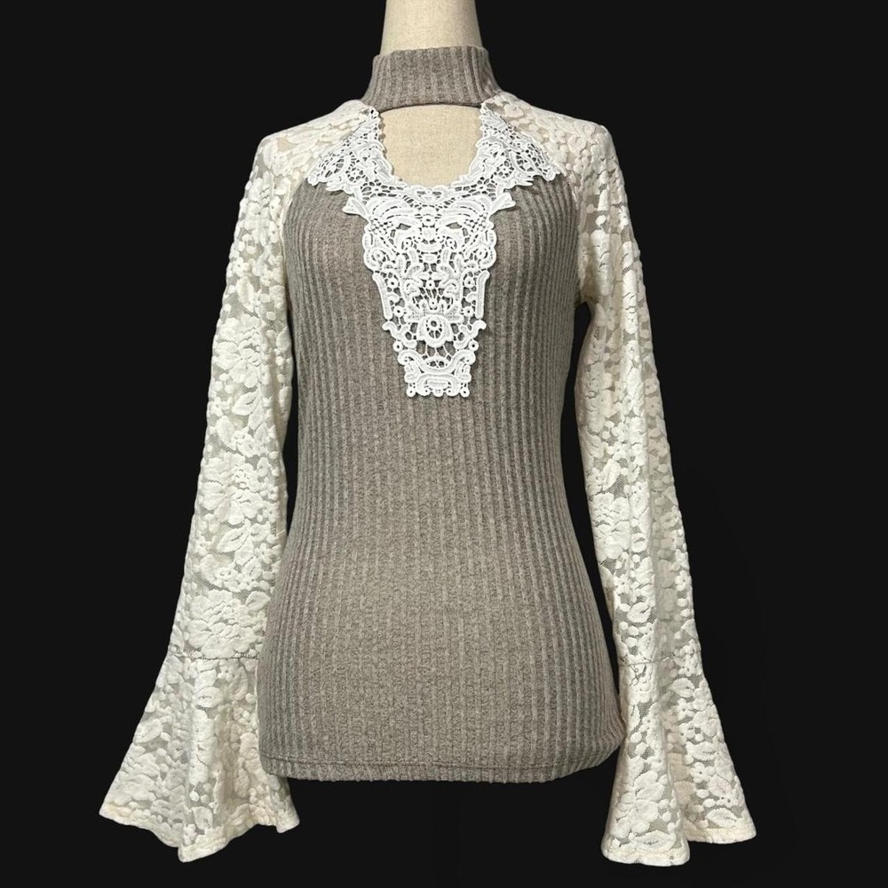 Venus Lace Bell Sleeve Sweater Ribbed Mock Neck Womens Small Cottage Prairie